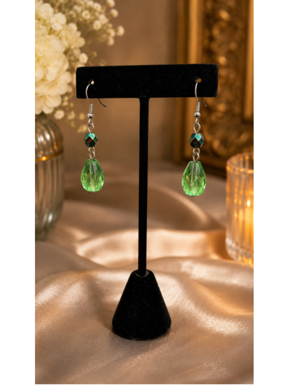 Vintage Coro Green Faceted Crystal Drop Dangle Earrings – Silver Tone